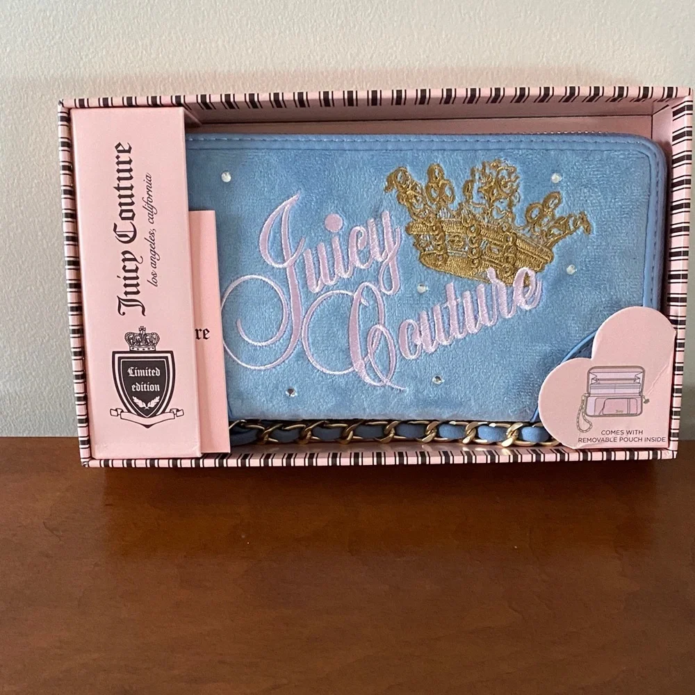 Juicy Couture Light Blue Wallet with Gold and Pink Embroidery